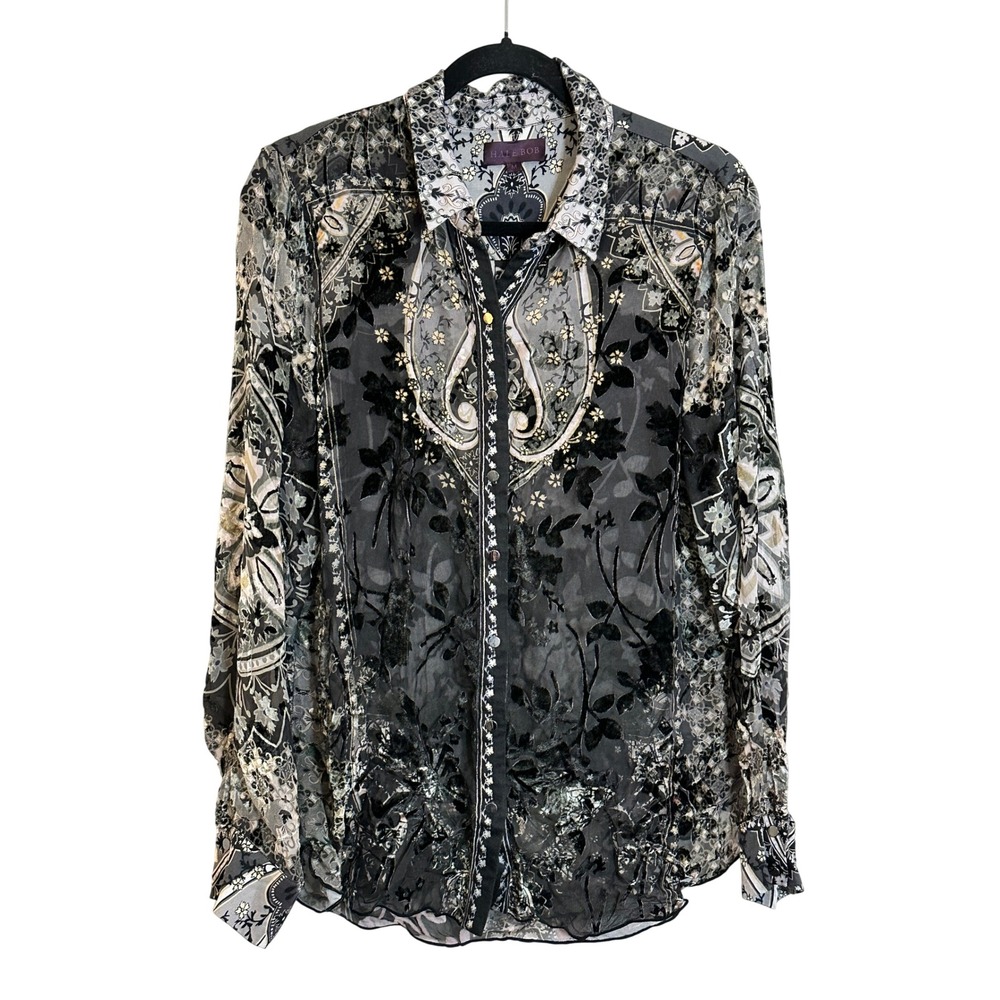Hale Bob Silk Blend Shirt Size M Black Gray Sheer Velvet Burnout Paisley Boho